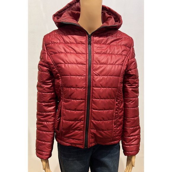 Womens Hooded Puffer Jacket--Burgundy - Picture 1 of 7